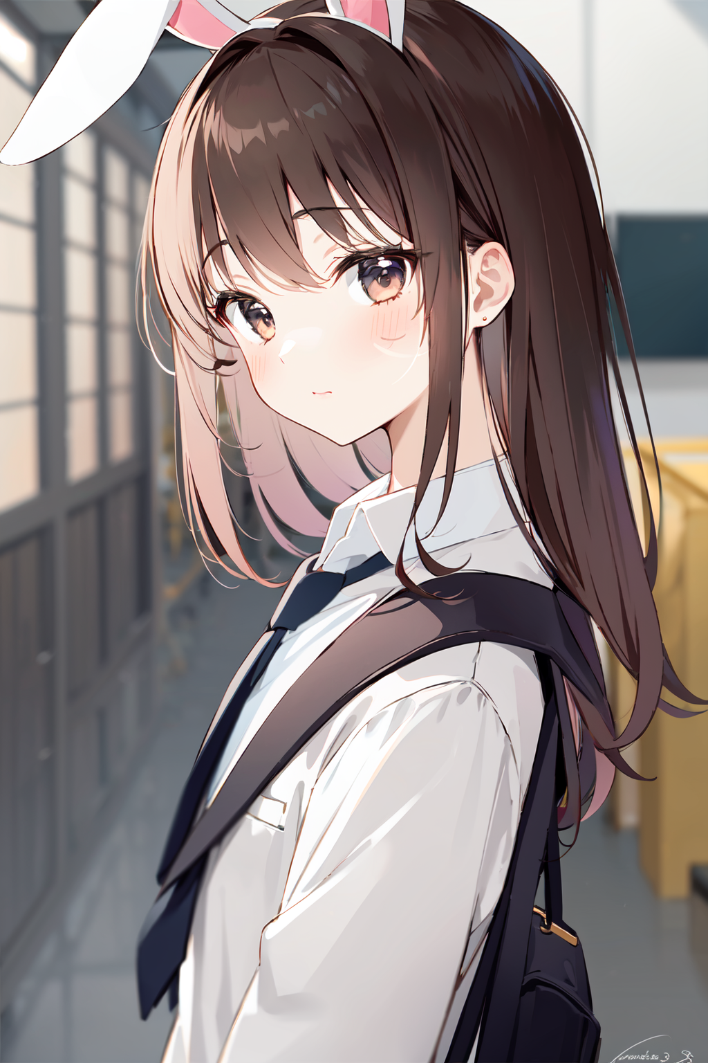 20589-990249858--first love, 1girl, solo, animal ears, brown hair, necktie, brown eyes, v, long hair, looking at viewer, blush, shirt, rabbit ea.png